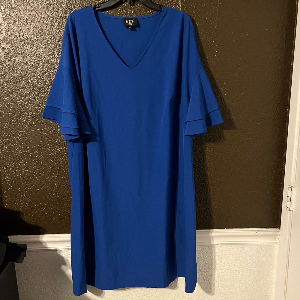 Blue Ruffle Short Sleeve Knee Length Shift Dress, Size 3X